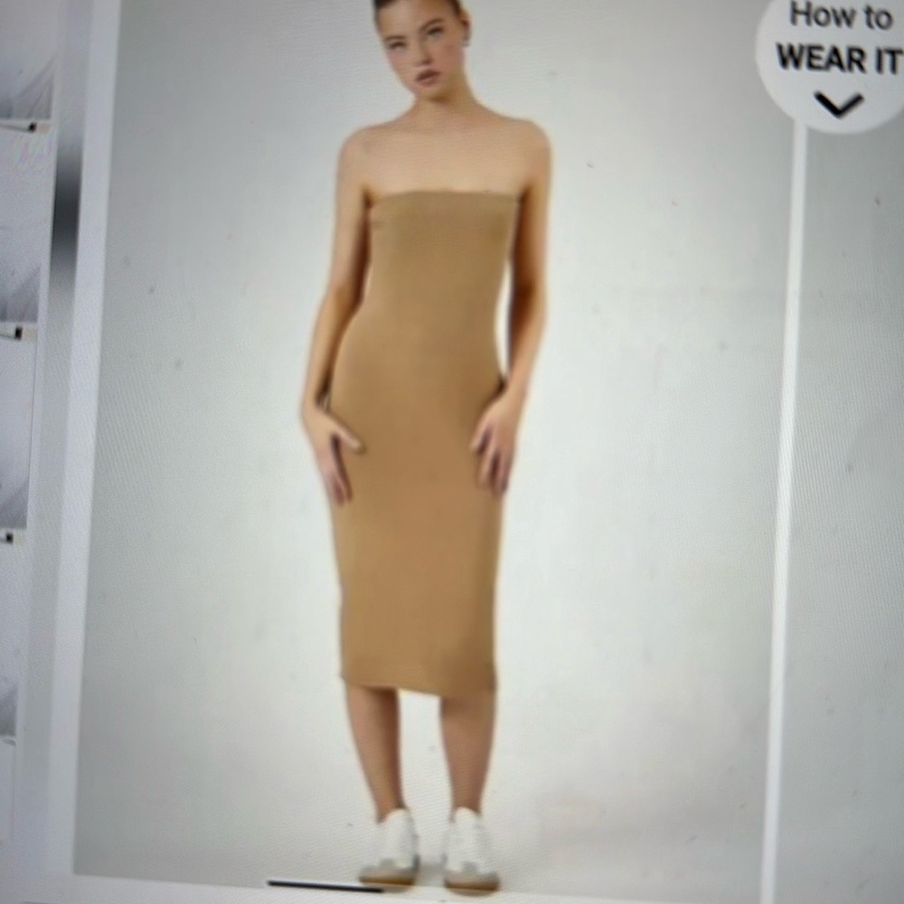 Heart Hips Tan Strapless Bodycon Midi Dress for Night Out